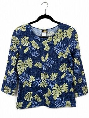 Vintage Y2K UbU M Crinkle Popcorn Top Monstera Tropical Art to Wear Blouse